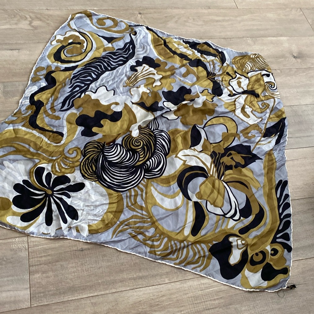 Large square silk scarf black grey silver gold